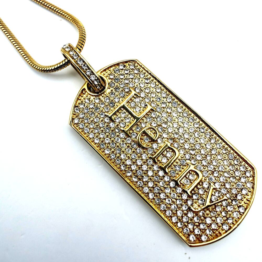 CONNETIC HENNY Crystal Men's Dogtag Pendant Necklace Gold Plated Stainless Snake